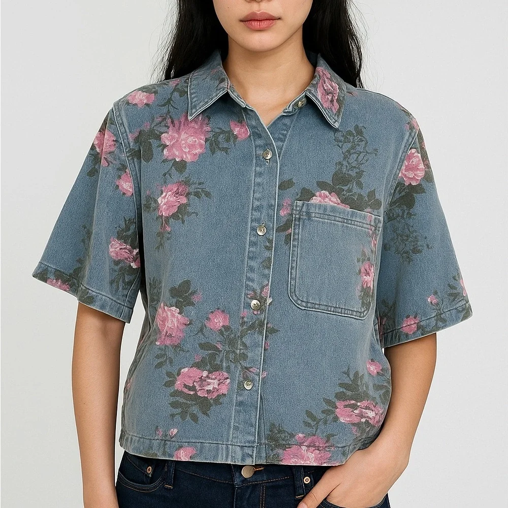 Bibi Floral Denim Bottom Down Shirt - Picture 1 of 5